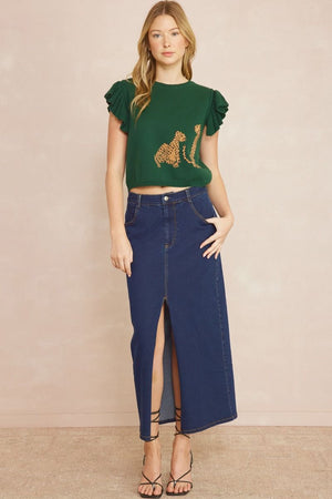 HUNTER GREEN LEOPARD CROPPED SWEATER