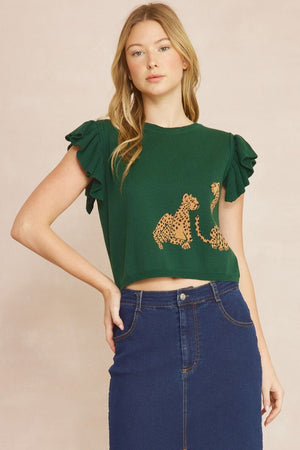 HUNTER GREEN LEOPARD CROPPED SWEATER