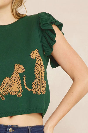 HUNTER GREEN LEOPARD CROPPED SWEATER