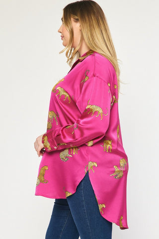 PLUM LEOPARD BUTTON UP