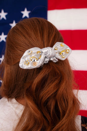 Shimmer Bow Scrunchie with Hand Sewn Crystals in Silver