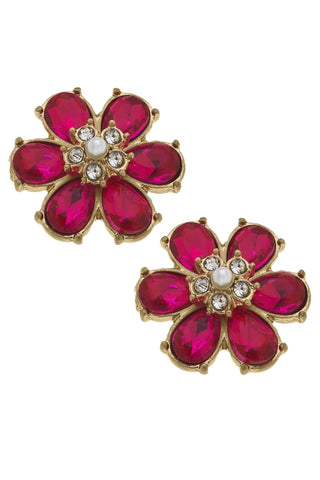 Fuchsia-Brooke Rhinestone & Pearl Flower Stud Earrings