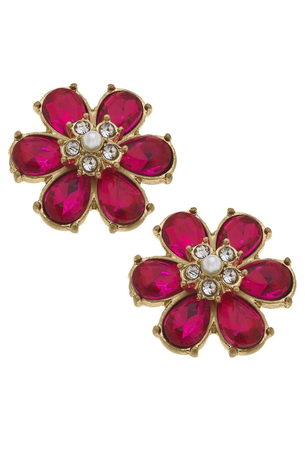 Fuchsia-Brooke Rhinestone & Pearl Flower Stud Earrings