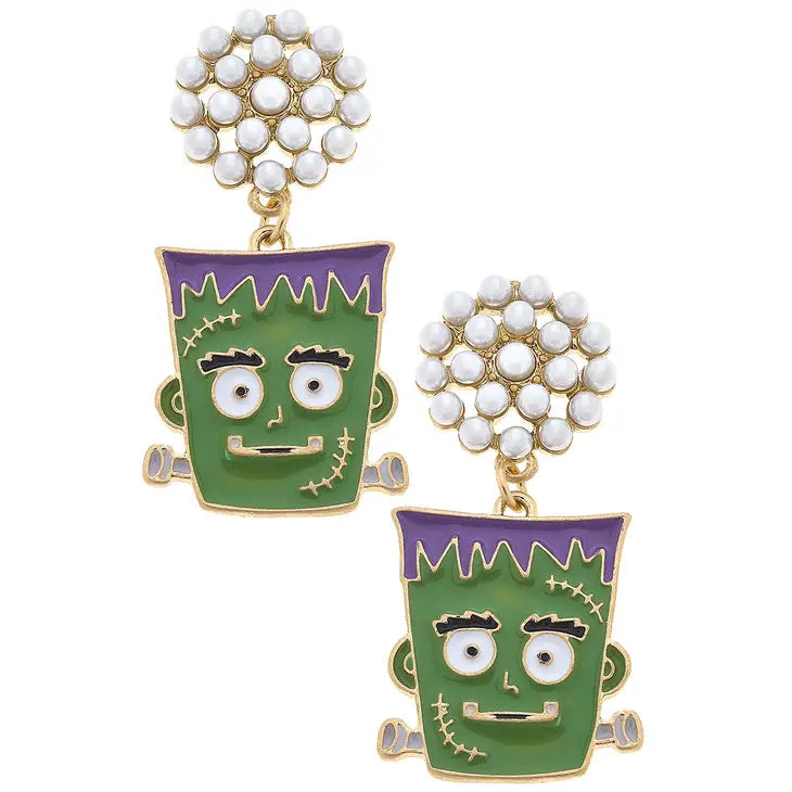 Halloween Enamel Frankenstein Earrings in Green & Purple