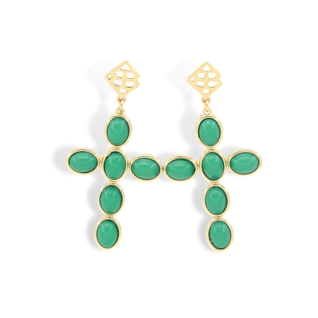 GREEN CABOCHON CROSS EARRINGS