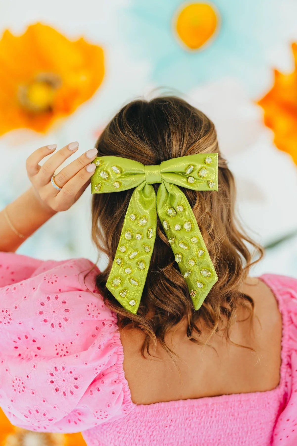 Green SHIMMER BOW BARRETTE WITH HAND SEWN CRYSTALS