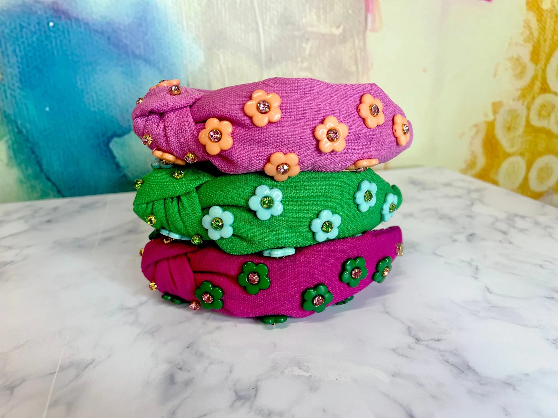 Child Size Bubblegum Pink Twill Headband with Orange Flowers