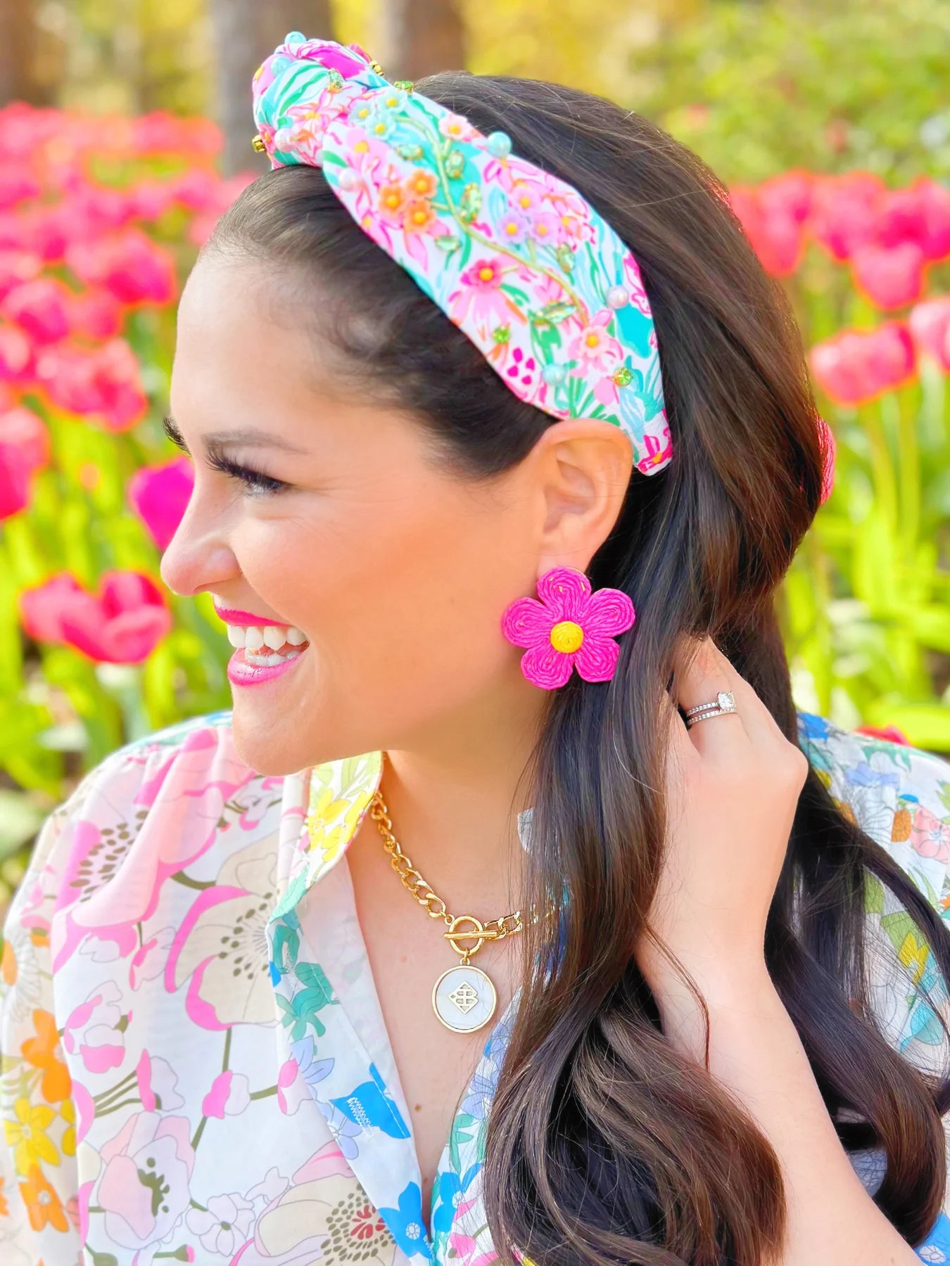 NEW BRIANNA CANNON spring floral headband in pink/green Rose Garden Bib Dress - Valentine main image 2