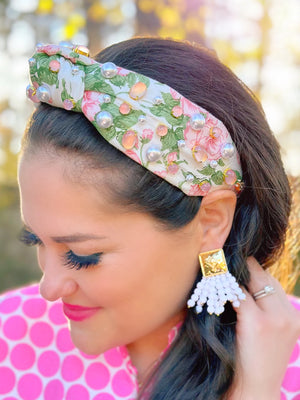 BRIANNA CANNON LIGHT PINK HIBISCUS FLOWER HEADBAND WITH CRYSTALS AND PEARLS