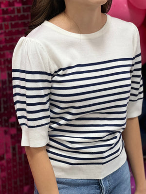 WHITE NAVY KNIT STRIPED TOP