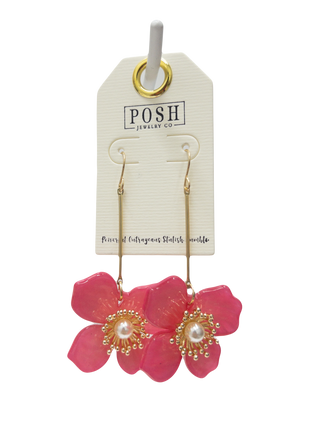 POSH PINK FLOWER PEARL CENTER FISH HOOK DANGLES