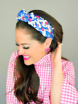 BLUE AND WHITE BROCADE HEADBAND WITH PINK CRYSTALS AND PEARLS BRIANNA CANNON