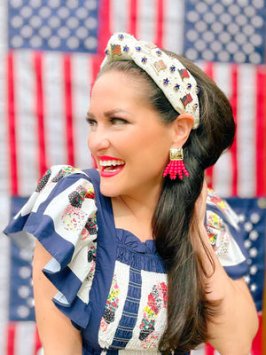 WHITE EYELET HEADBAND WITH FLAGS & STARS BRIANNA CANNON