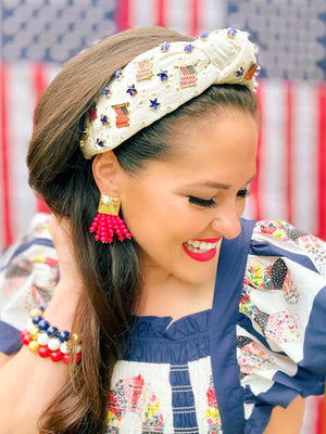 WHITE EYELET HEADBAND WITH FLAGS & STARS BRIANNA CANNON