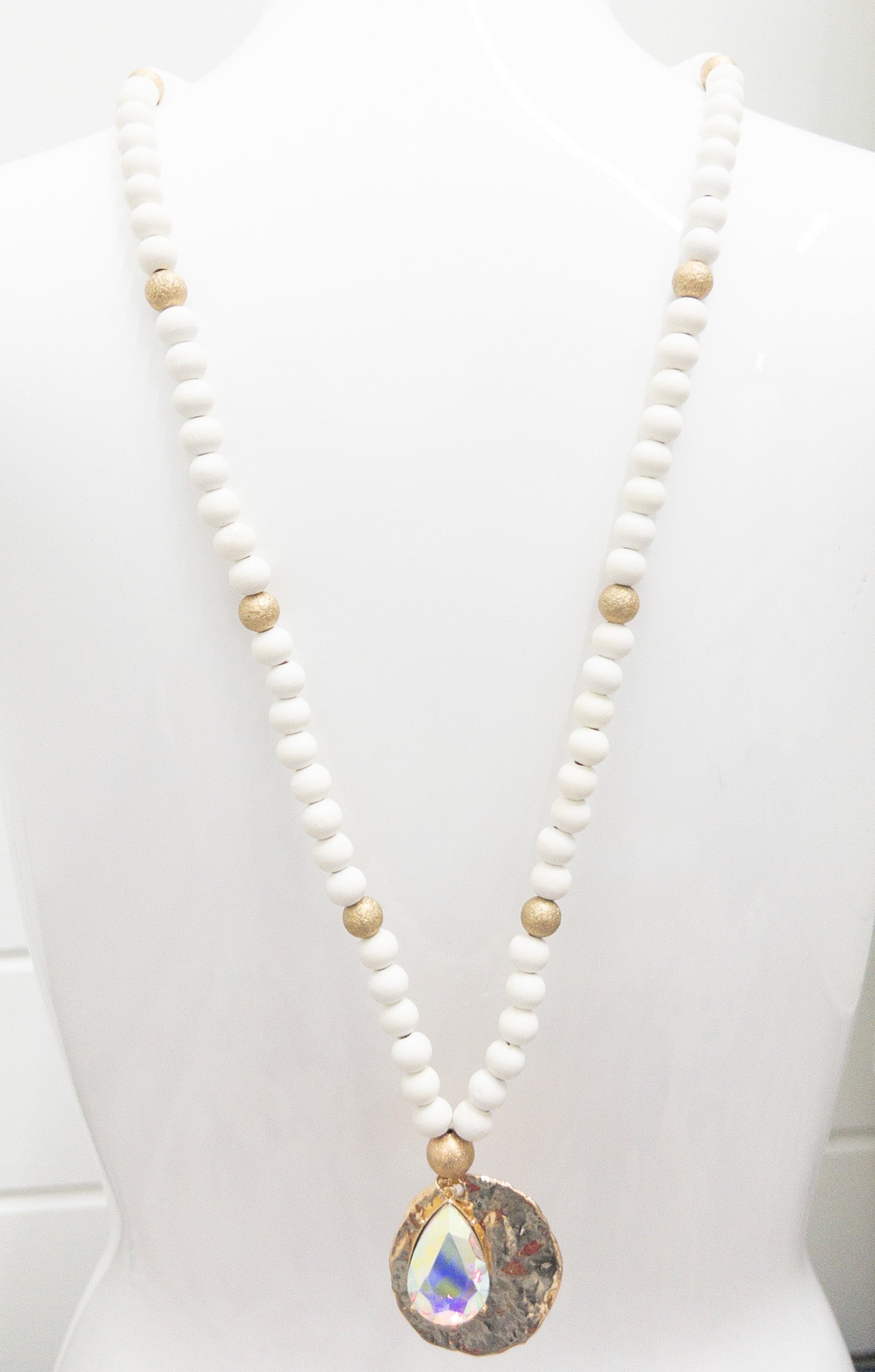 IVORY XLONG NECKLACE TEARDROP IRIDESC PINK PANACHE