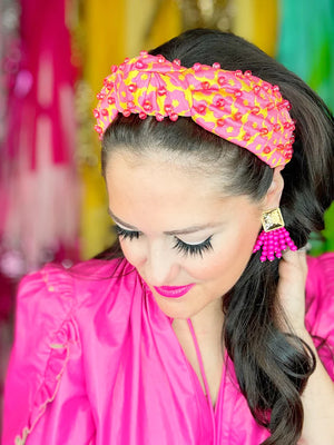 PINK AND YELLOW FLOWER POWER HEADBAND WITH IRIDESCENT BEADS BRIANNA CANNON