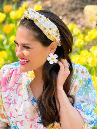 YELLOW JACQUARD METALLIC HEADBAND WITH CRYSTALS AND PEARLS BRIANNA CANNON