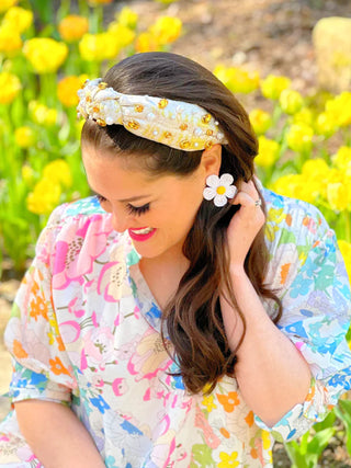 YELLOW JACQUARD METALLIC HEADBAND WITH CRYSTALS AND PEARLS BRIANNA CANNON