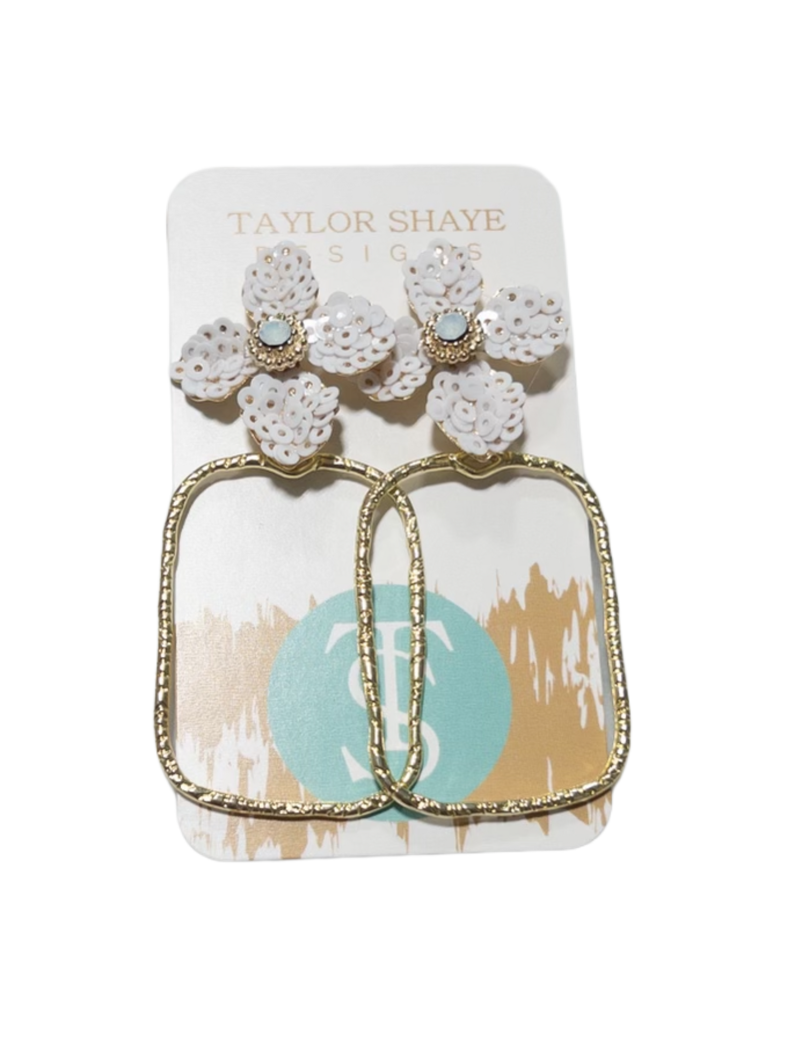 WHITE SEQUIN FLOWER RECT HOOPS TAYLOR SHAYE