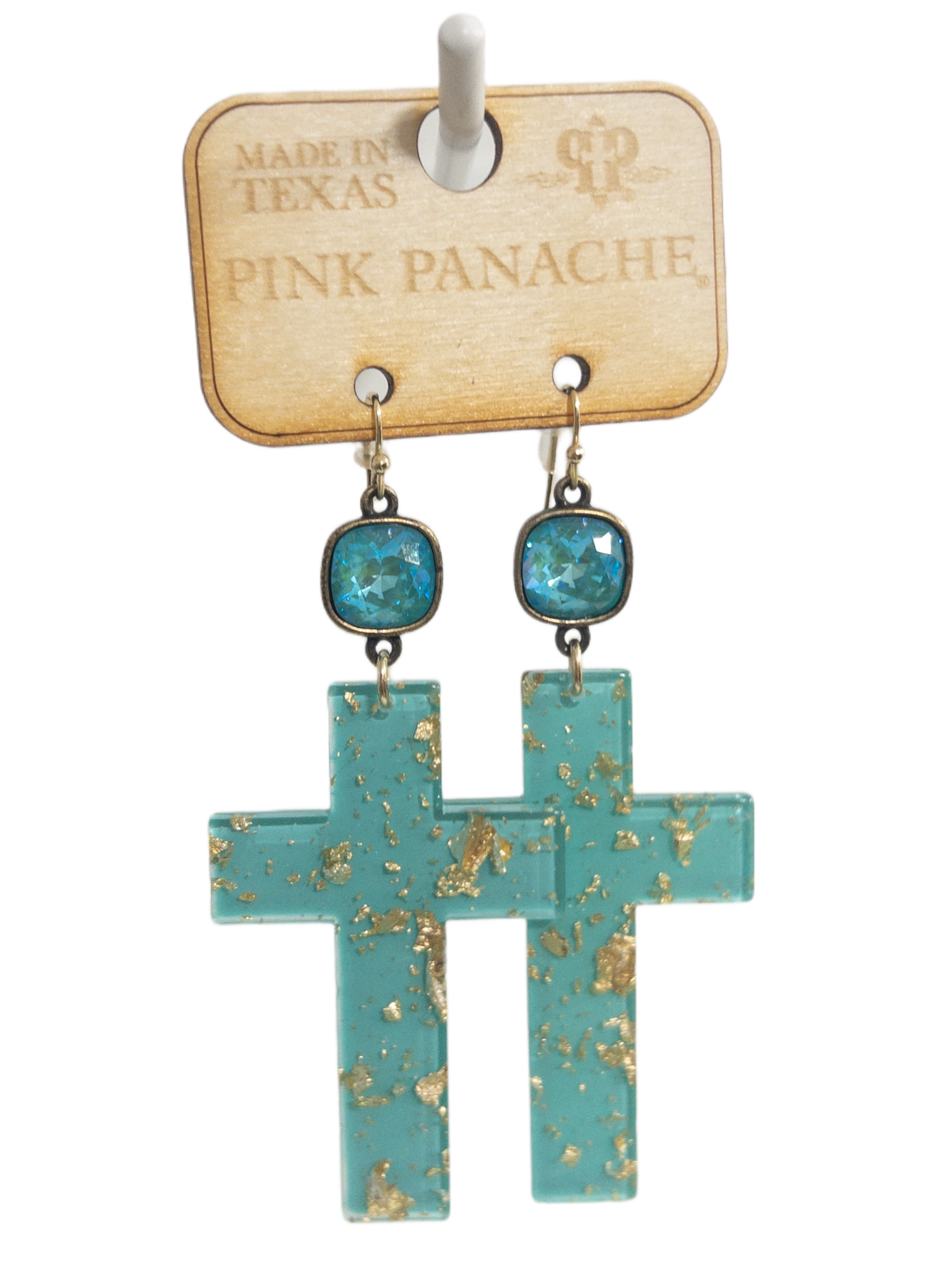 TEAL GEM CROSS GOLD FOIL PINK PANACHE DANGLES