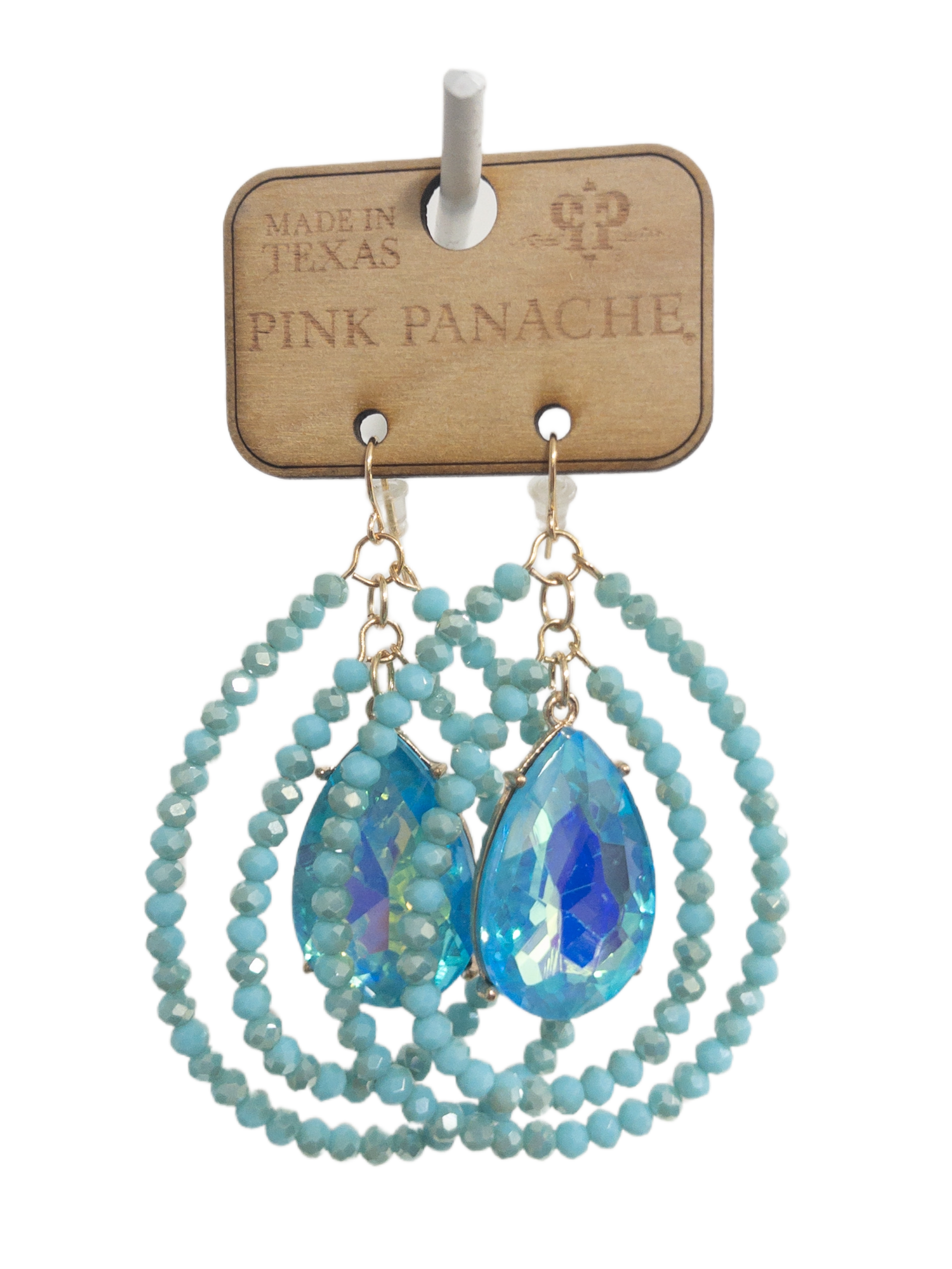 TEAL IRIDESCENT GEM DOUBLES PINK PANACHE DANGLES