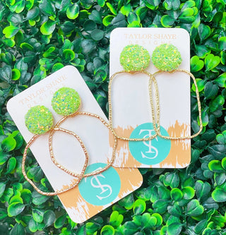 Lime Green Round Glitter Top Hoops