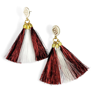 MAROON AND WHITE METALLIC JUMBO TASSEL EARRINGS