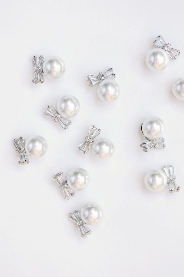 Diamond Bow Mini Pearl Studs