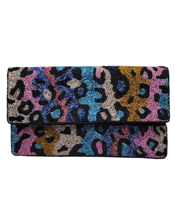 MULTI COLOR WAVE LEOPARD BEADED LA CHIC CLUTCH