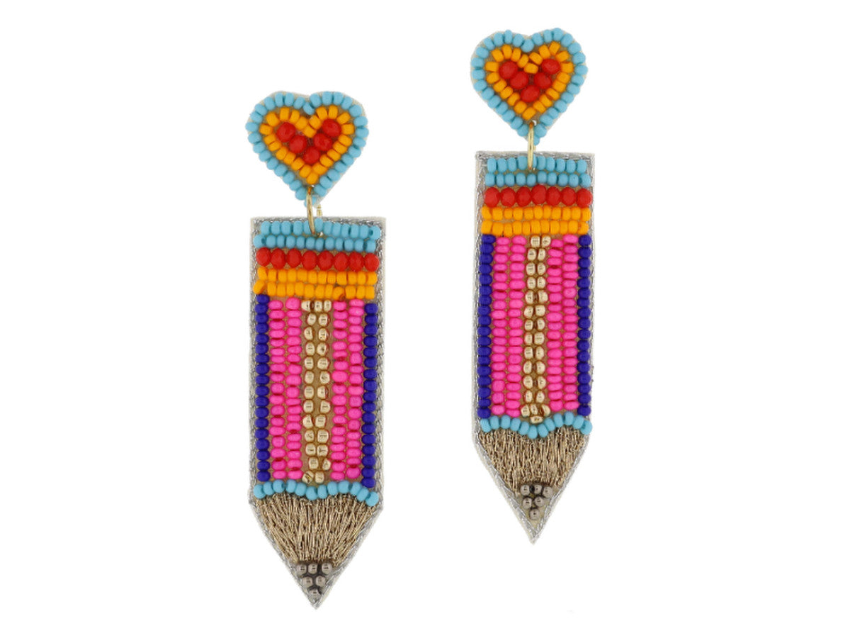 MULTI BEADED HEART POST, MULTI BEADED PENCIL EARRINGS