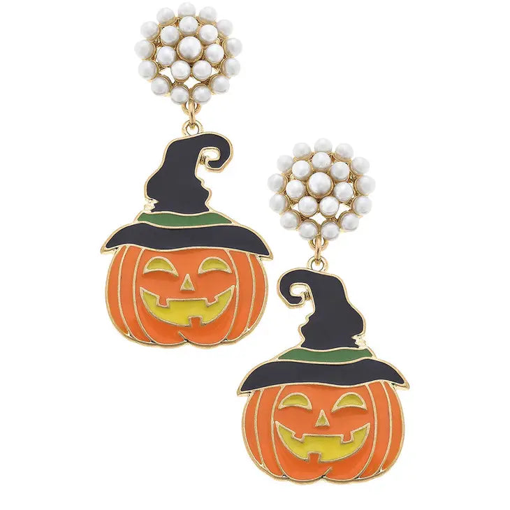 Halloween Enamel Jack O'Lantern Witch Hat Earrings in Orange