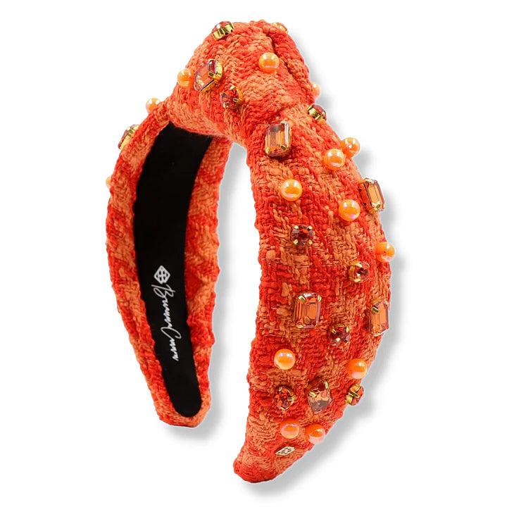 ORANGE KNIT HEADBAND WITH CRYSTALS & PEARLS