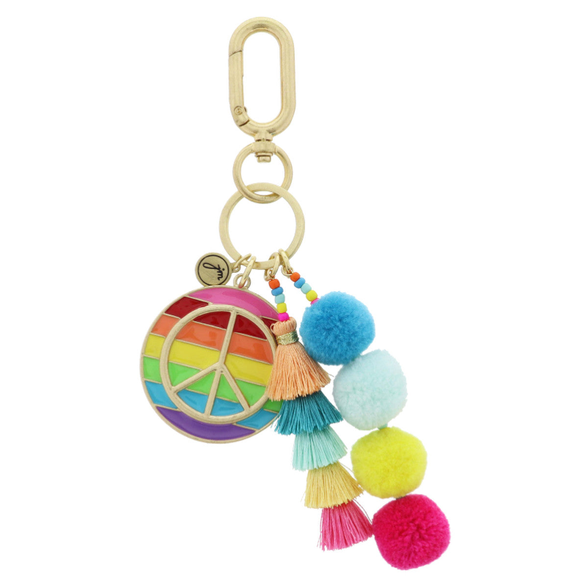 PEACE SIGN DISC, STACKED TASSELS, STACKED POMS KEYCHAIN