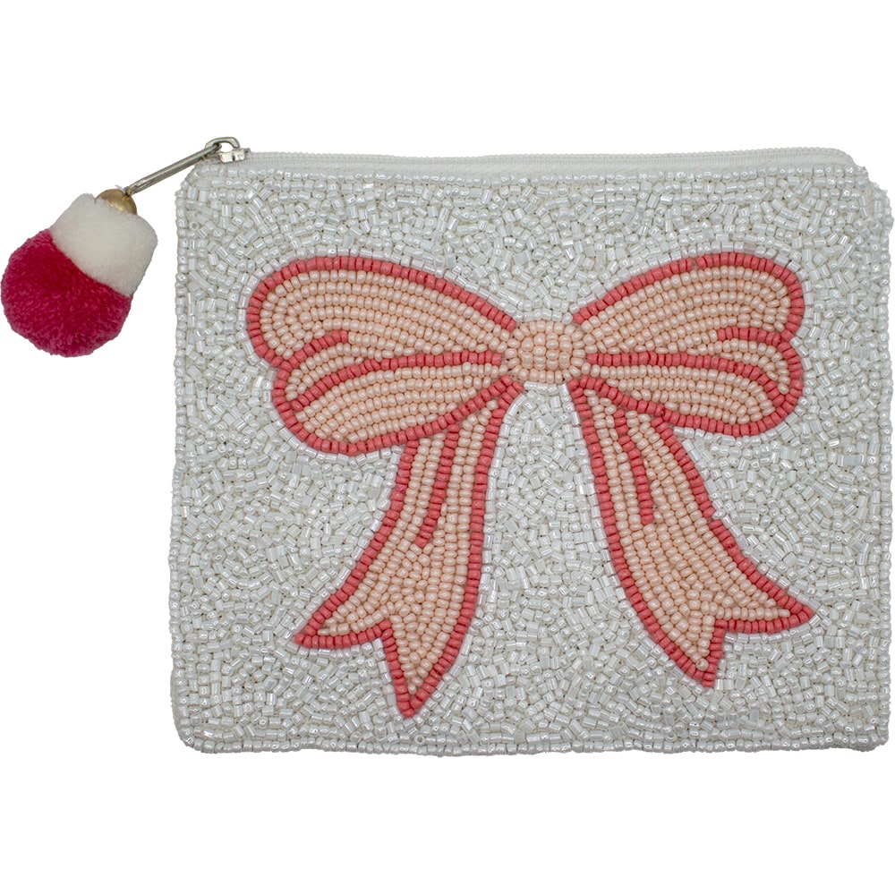 Peach Bow Ribbon Beaded Coin Pouch