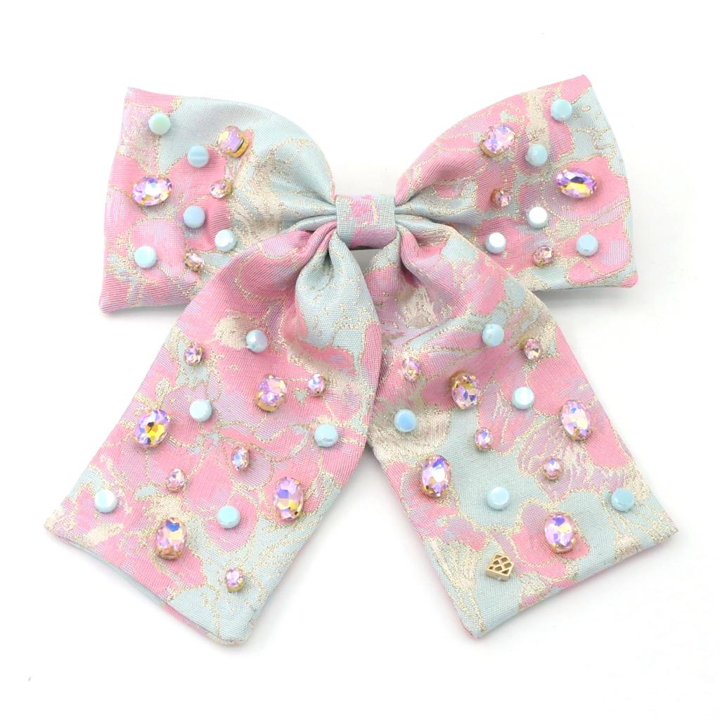 BLUE & PINK BROCADE BOW BARRETTE WITH CRYSTALS AND STONES