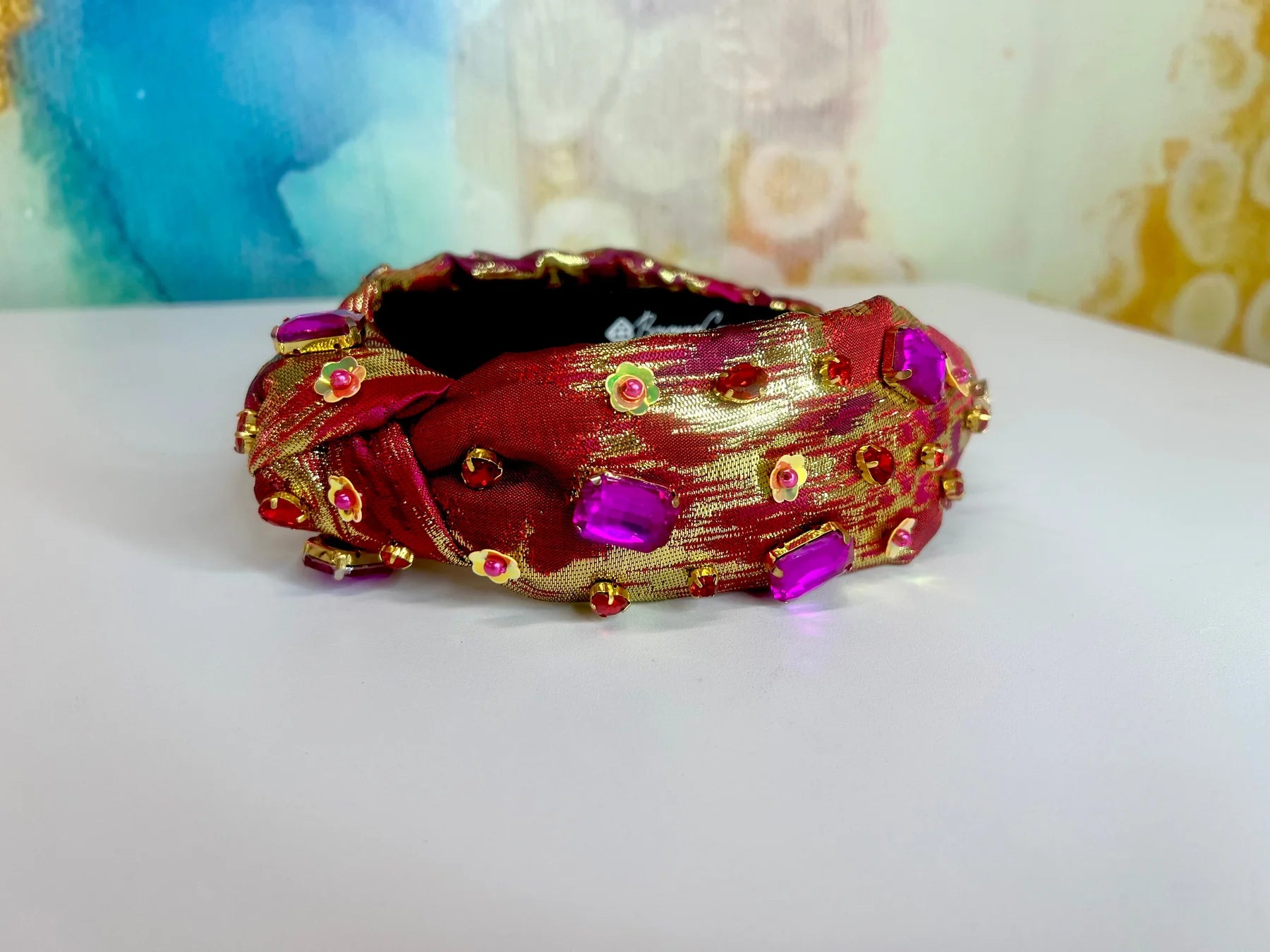 RED AND GOLD BRUSHSTROKE HEADBAND WITH PINK CRYSTALS