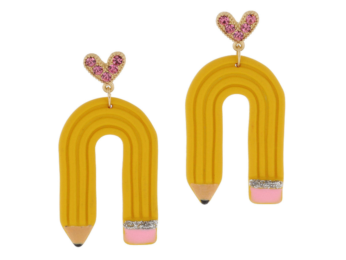 PINK CRYSTAL HEART POST, CLAY CURVED PENCIL EARRINGS