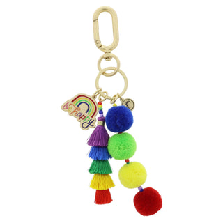 RAINBOW WITH "BE HAPPY", STACKED RAINBOW TASSELS, KEYCHAIN