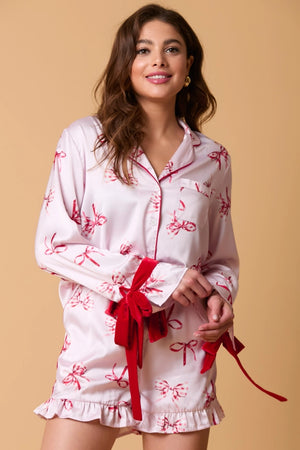 Satin Pajama Top with Red Bow On the Cuffs Set