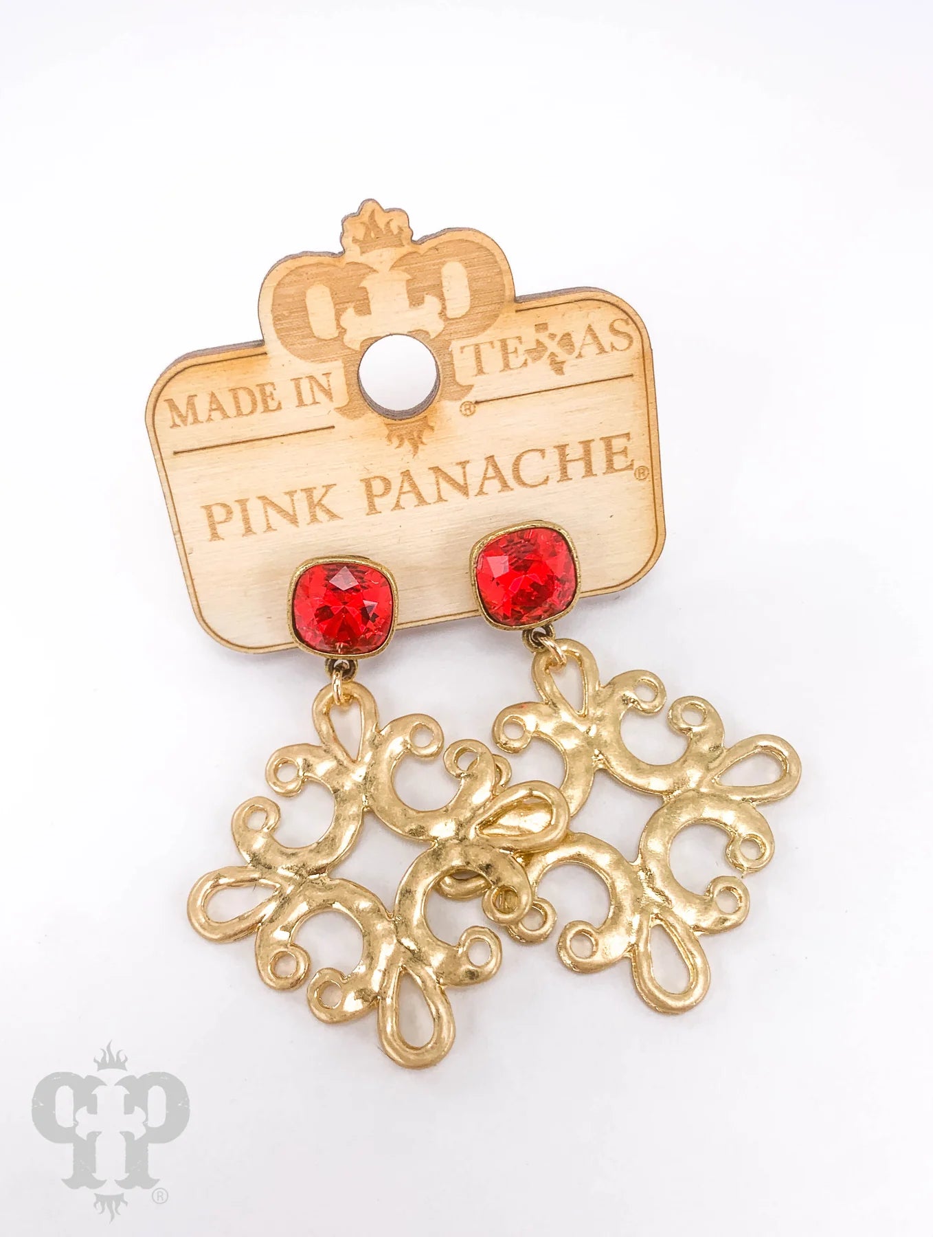 Red four point scroll cross pink panache earrings