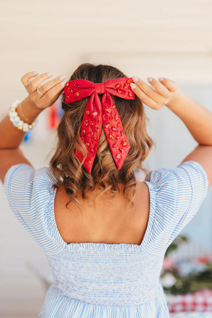 Red SHIMMER BOW BARRETTE WITH HAND SEWN CRYSTALS