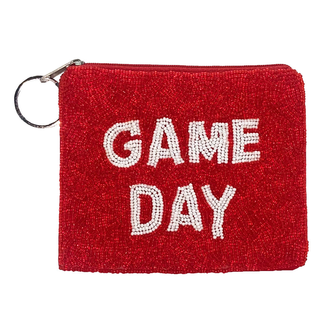 Red with "Game Day " in white beaded coin pouch- La chic