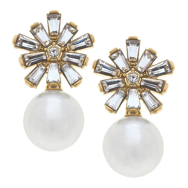 Rosie Pavé Flower with Pearl Drop Earrings in Worn Gold