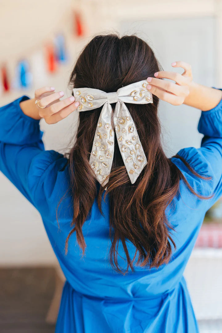 Silver SHIMMER BOW BARRETTE WITH HAND SEWN CRYSTALS