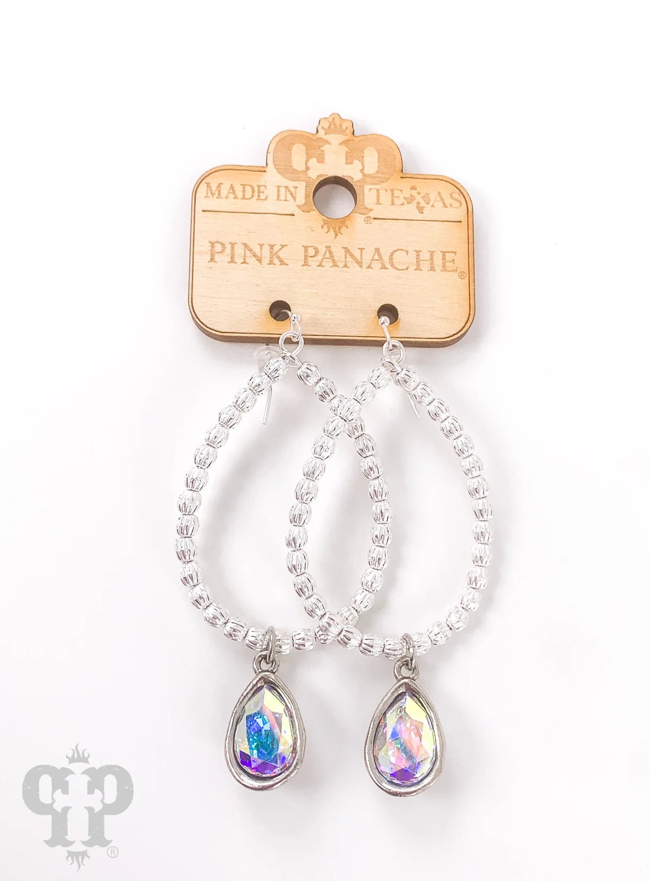 Silver/AB pear teardrop pink panache earrings