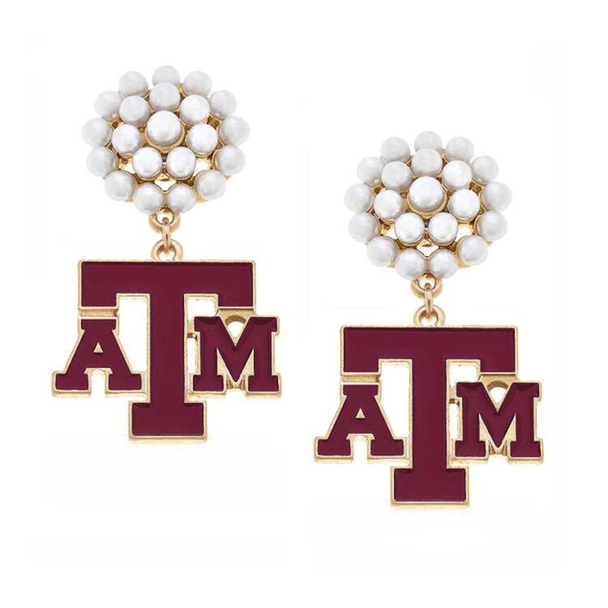 Texas A&M Aggies Pearl Cluster Enamel Drop Earrings in Maroon