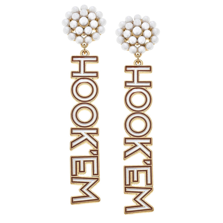 Texas Longhorns Pearl Cluster Outline Enamel Drop Earrings