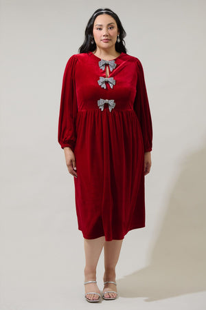 SANTAS FAVORITE BOW VELVET MIDI DRESS
