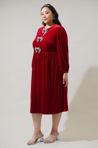 SANTAS FAVORITE BOW VELVET MIDI DRESS
