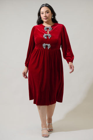 SANTAS FAVORITE BOW VELVET MIDI DRESS